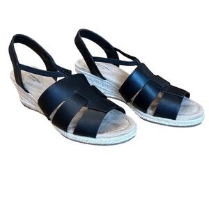 NWOT St. John's Bay Lexy Memory Foam Wedge Sandal Black Faux Leather Size 8